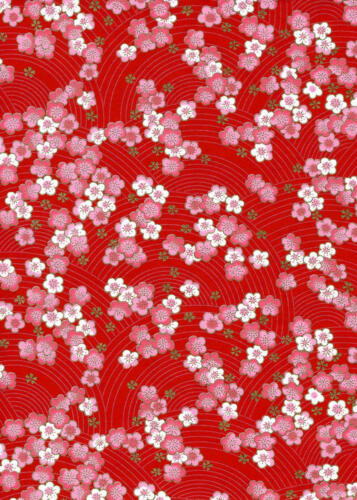 Papier Japonais CHIYOGAMI - Fleurs Cerisiers Rose sur fond Rouge 876
