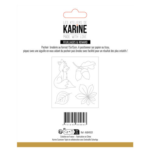 Pochoir Broderie - MADE WITH LOVE - Feuillages & Renard -  Les Ateliers de Karine