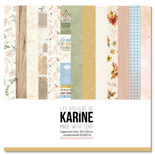 Les Ateliers de Karine - MADE WITH LOVE - LE KIT ( 6 papiers + 1 calque Exclu du Kit )