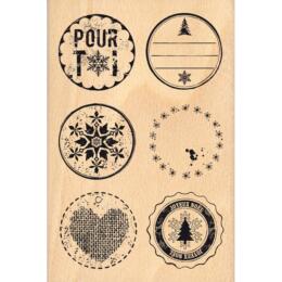 DESTOCKAGE - Tampon Bois Florilèges Design - Collection Noël - Etiquettes Rondes