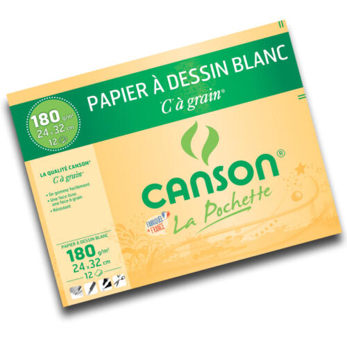 CANSON - Pochette Papier à Dessin Blanc C A GRAIN 180grs 24x32cm (12 feuilles)