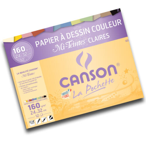 CANSON - Pochette Papier à Dessin MI TEINTES Couleurs Claires 160grs 24x32cm (12 feuilles)