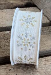 RUBAN NOEL - Ruban Blanc avec Flocons Or et Argent ( 25mmx2.5m)