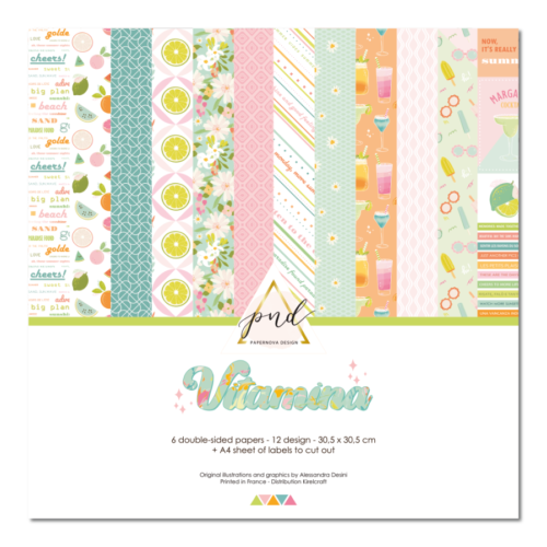 Paper Nova Design  - Le Kit de la collection VITAMINA ( 6 Papiers Imprimés + 1 Planche d'étiquette) 